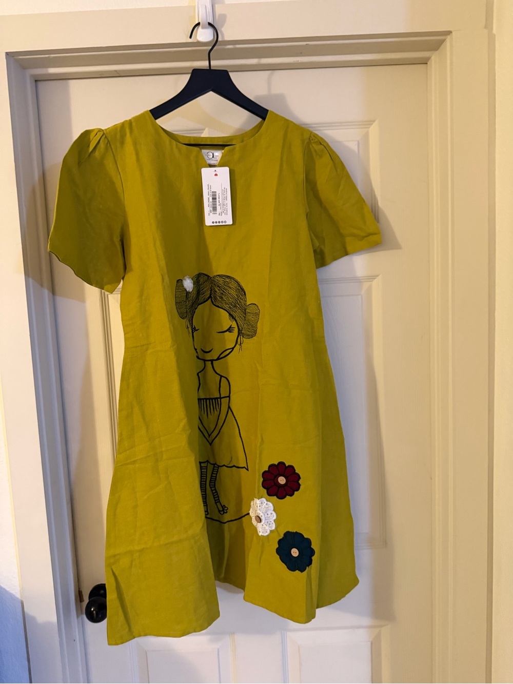 Women's whimsical yellow green Midi Dress - Chartreuse Floral Appliqué w/pockets